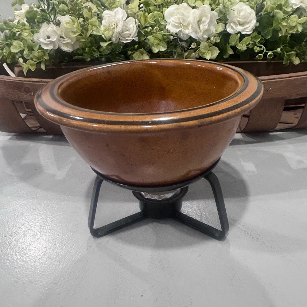 VTG MCM Brown Drip Glaze Ceramic Fondue Pot w Stand Made in Japan